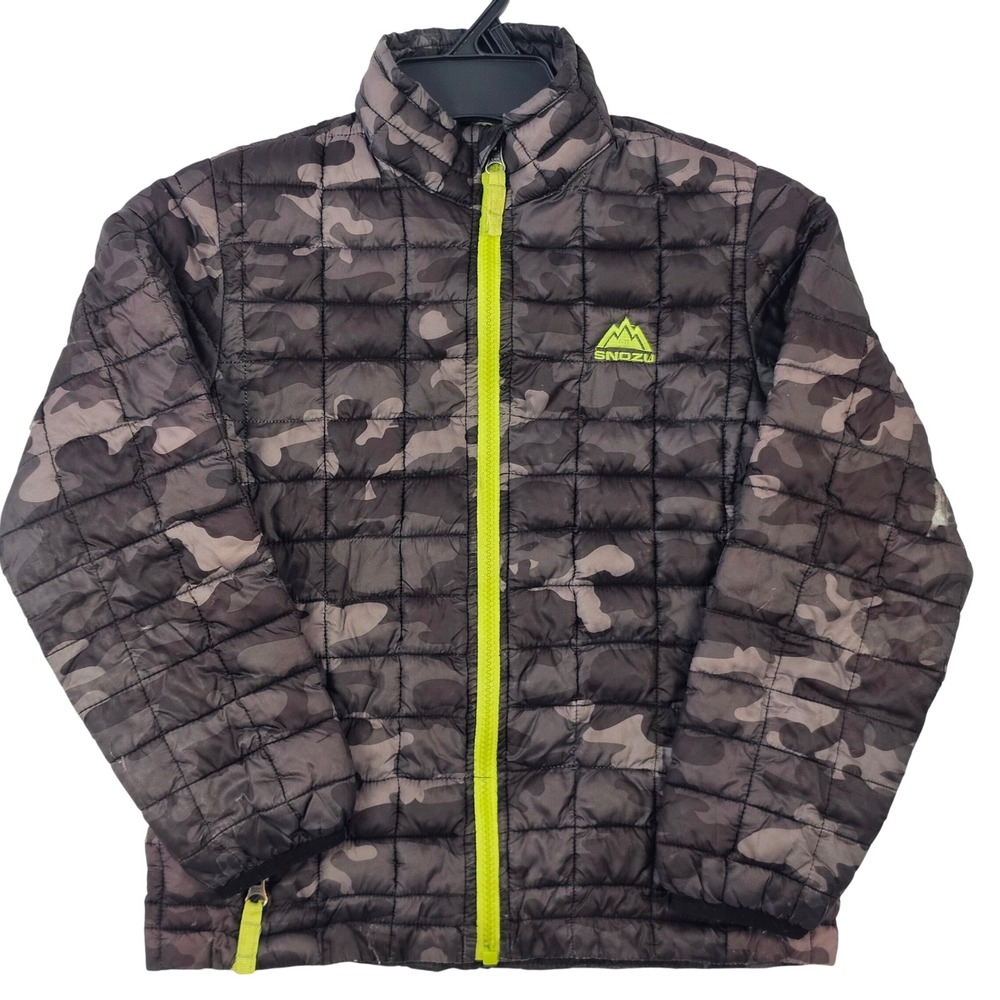Snozu Boys Camo Puffer Jacket Grey Neon Green Quilted FullZip Coat SizeSmall 7/8